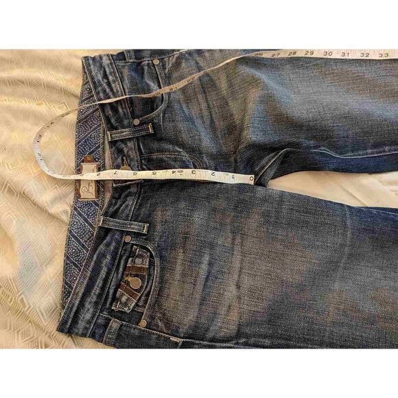 PAIGE sz 27 boot cut color distressed dark wash single button jeans euc - Picture 4 of 6